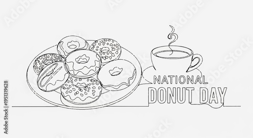 Donuts on plate with coffee cup celebrating national donut day in a line art style