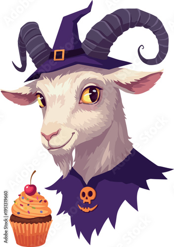 Pixel Art Witch Goat with Cupcake Halloween