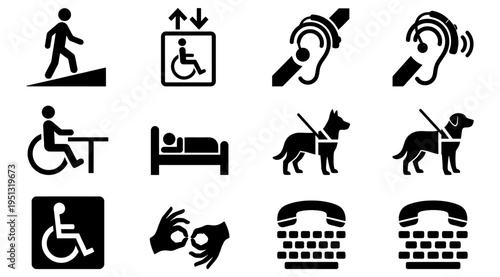 A collection of black accessibility icons on a white background, representing various disabilities and communication aids, useful for marketing, education, and business purposes.