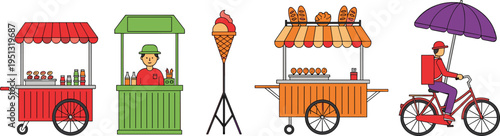 Street vendor carts and delivery rider set with food stalls, ice cream sign, bakery stand and bicycle courier, urban lifestyle flat vector illustration