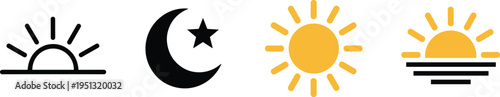 Sunrise, sunset, sun, and crescent moon icons set, minimalist flat design weather and day night symbols for time, climate, and nature concepts