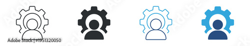 User settings icon set. Person with gear symbol, account configuration, profile settings and system management concept. Vector illustration.