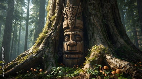 Tribal Wooden Mask Integrated into Living Tree Trunk in Deep Woods