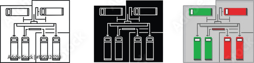 Vector illustration of a system diagram showing process flow and status indicators presented in line art inverted and color-coded versions for data visualization and comparison