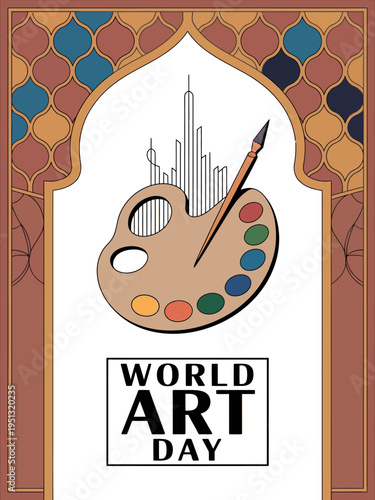 World Art Day with Painter’s Palette, Brush, and Cityscape Illustration
