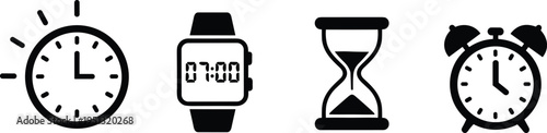 Time management icons set featuring clock, smartwatch, hourglass, and alarm clock symbols, minimalist black and white flat design illustration for productivity concepts