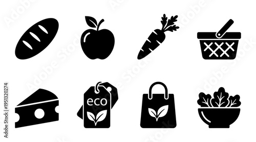 A set of black icons representing eco-friendly grocery shopping, healthy food, and sustainable lifestyle concepts, including fruits, vegetables, bread, cheese, eco bags, and a shopping basket.