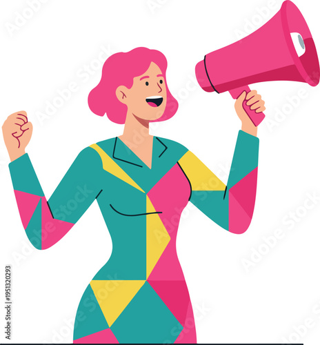 Woman With Pink Megaphone Announcing News In Colorful Geometric Outfit