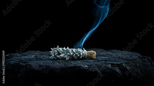 Burning white sage smudge stick with blue smoke on black stone, zen and aromatherapy concept