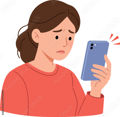 Worried Woman Looking at Smartphone in Coral Sweater Flat Design