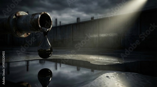 Global energy crisis oil war concept Droplet of Oil Falling from Pipe on Dark Industrial Background