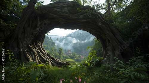 Fairy tale forest portal made of ancient tree roots overlooking misty mountain valley with village