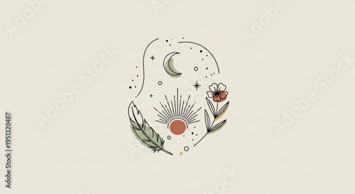 Whimsical illustration of sun moon ladybug and leaves on beige background with celestial elements