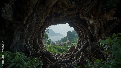 Fairy tale forest portal made of ancient tree roots overlooking misty mountain valley with village