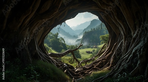 Fairy tale forest portal made of ancient tree roots overlooking misty mountain valley with village