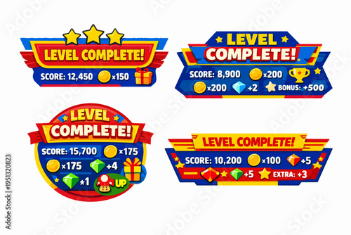 Player game level complete panels showing scores, bonus items, and rewards on white background