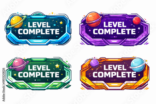 Level complete buttons set for gaming UI with cosmic space planets theme