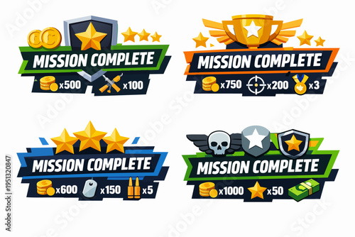Game ui mission complete banners presenting different rewards and achievements