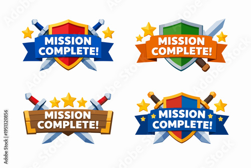 Mission complete badges representing achievement, victory, and reward in game design