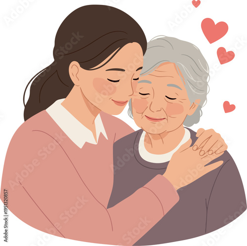 Young Woman Hugs Elderly Mother With Love Hearts Soft Pink Purple Flat Design