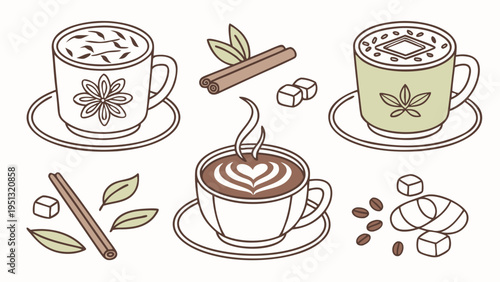 Cozy Hot Drinks Coffee Tea and Chocolate Vector Set Isolated on White