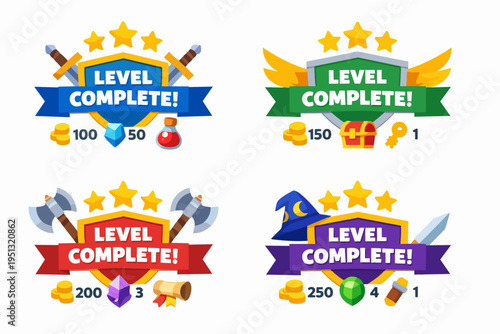 Gaming level complete screen showing various rewards and achievements interface