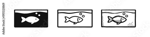 Fish in Water Icon Set, Aquarium Fish with Bubbles Vector