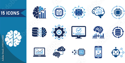 Set of 15 modern artificial intelligence and machine learning vector icons featuring brain neural network chips data analytics and robotic automation symbols
