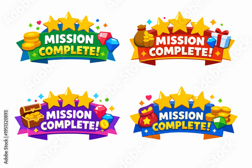 Gaming mission complete banners with stars, rewards, and achievements for ui elements