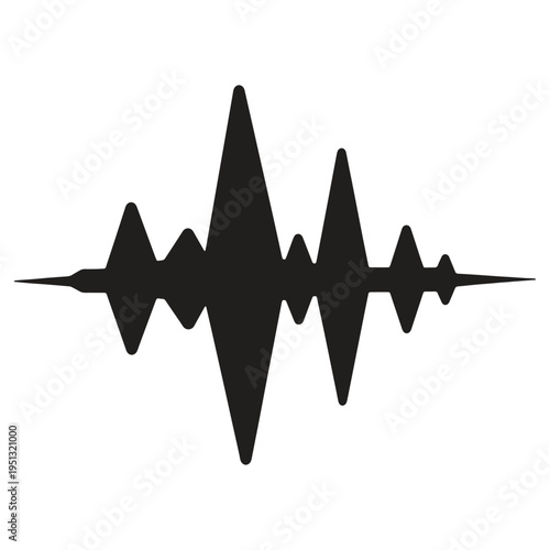 Black sound wave icon or symbol silhouetted on white background representing audio signal or music waveform in simple graphic design