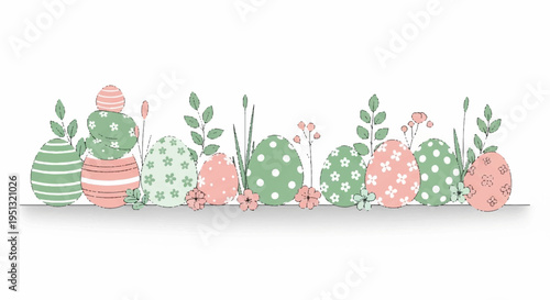 Colorful easter eggs and flowers in a whimsical garden setting with green and pink hues