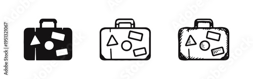 Travel Suitcase Icon Set with Stickers, Luggage for Vacation Vector