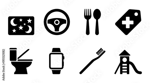 a collection of black icons representing various aspects of daily life, travel, food, health and hygiene on a white background, suitable for use in graphic design, websites and mobile applications