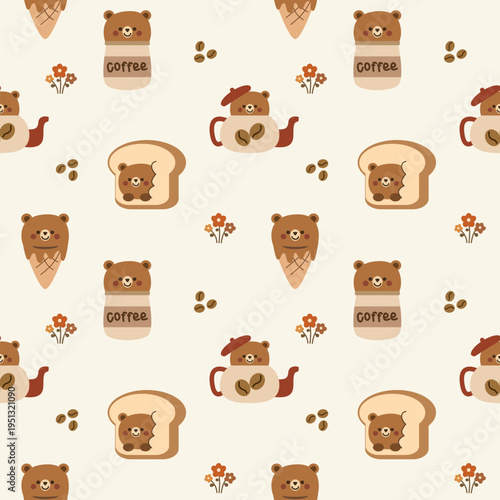 Head bear cartoon so cute. On ice cream plastic cup bread teapot coffee flower background. Pattern seamless vector illustration. 