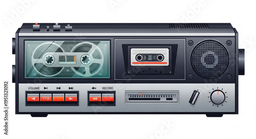 Retro boombox with cassette tape and radio speaker on white background nostalgic audio equipment