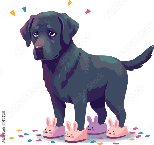 Sad Black Dog Wearing Bunny Slippers With Confetti Isolated On White