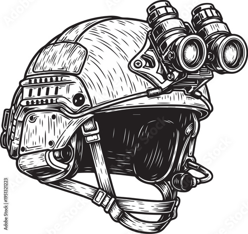 Tactical helmet with night vision goggles, hand drawn simple sketch vector illustration