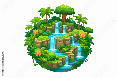 Lush tropical island featuring cascading waterfalls and vibrant exotic foliage