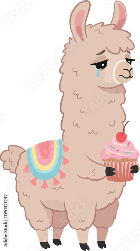 Sad Pixel Llama Holding A Cupcake With Cherry On Top