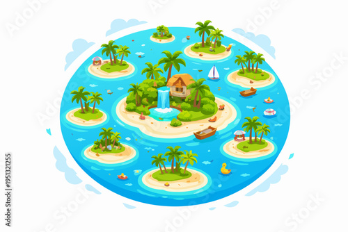 Tropical island paradise illustration featuring huts, palm trees, and clear blue ocean