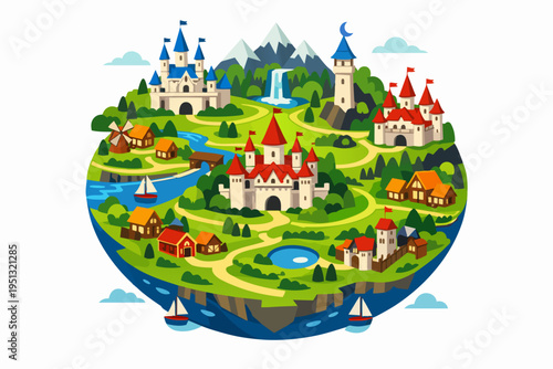 Fantasy floating island kingdom map featuring castles, villages, river and mountains