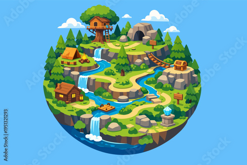 Fantasy adventure game map showing a treehouse, waterfall, cave, and quest points