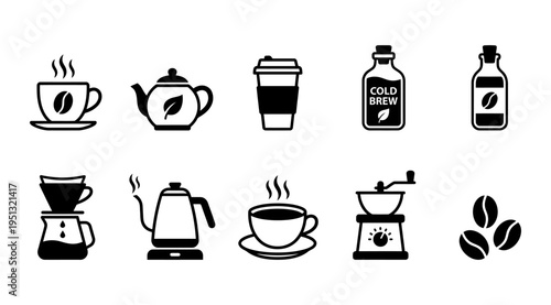 A set of black and white icons related to coffee, including cups, pots, makers, and brews. Ideal for use in marketing materials, menus, or lifestyle blogs.