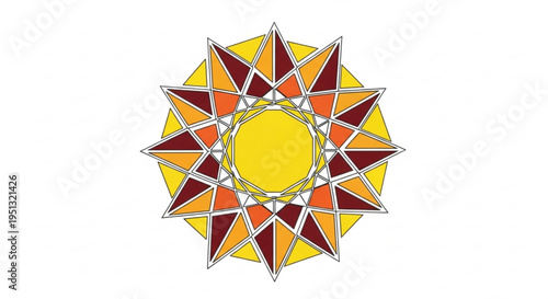 Vibrant stained glass sun design with yellow orange and red hues on white background