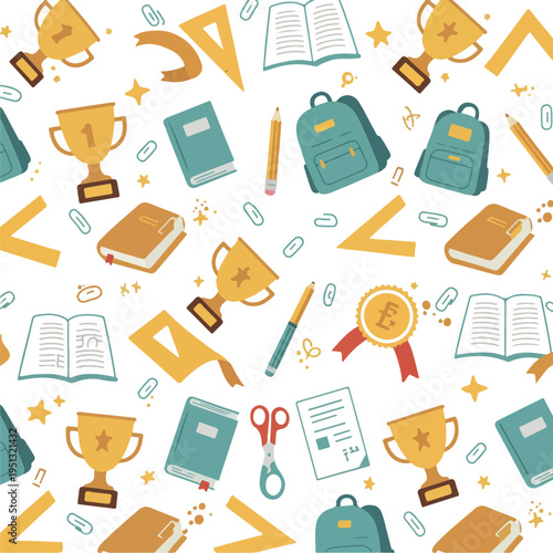 School Pattern With Trophies Books Backpacks Scissors Colored Pencils On White