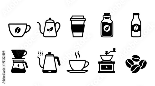 A set of black and white icons depicting various coffee-related items, including cups, pots, beans, and brewers, perfect for use in food, beverage, or lifestyle marketing and advertising materials.