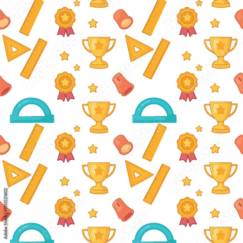 School Supplies Pattern with Trophies Medals and Stars