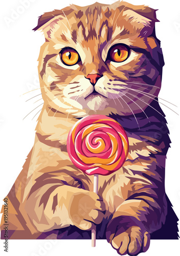 Scottish Fold Cat Holds Swirl Lollipop Sweet Treat with Warm Amber Eyes