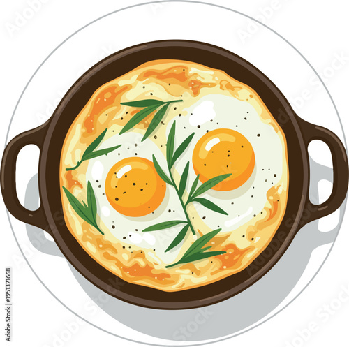 Scrambled Eggs With Rosemary In Skillet Overhead View Flat Design