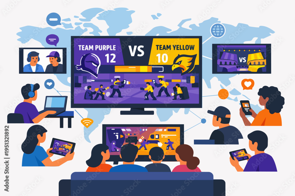 Obraz premium Global esports streaming with multiple devices, people watching live video game tournaments